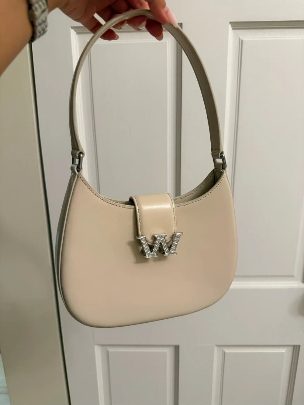Alexander Wang Cream Patent Shoulder Bag with W Rhinestone Accent